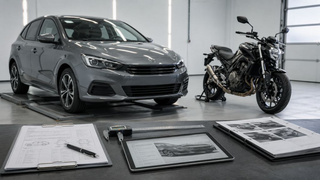 Coche y motocicleta en un taller junto a la documentación de una tasación de vehículos