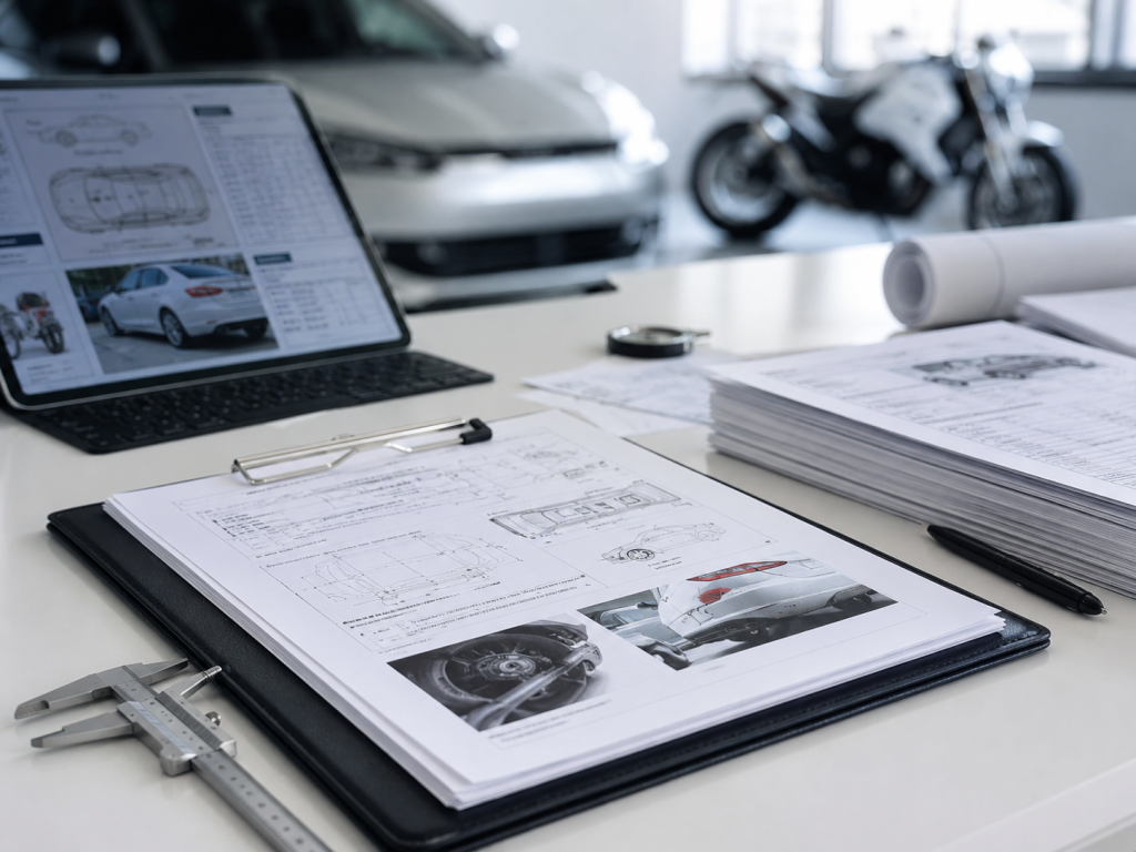 Informe técnico de un vehículo sobre la mesa con tablet, calibre y documentación