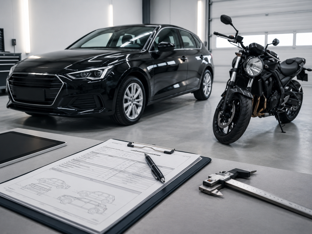 Coche y motocicleta en un taller junto a la documentación de una tasación