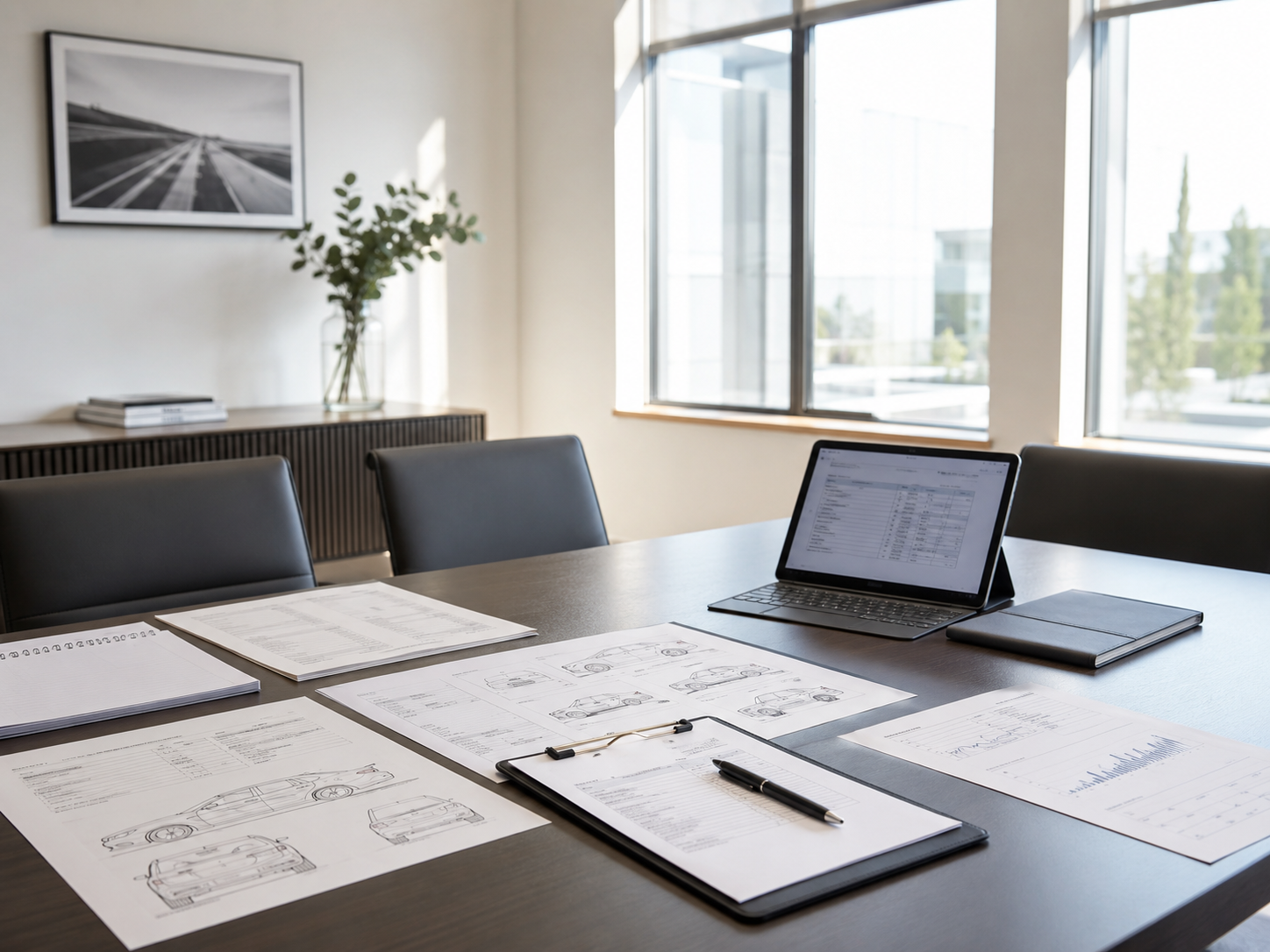 Mesa de oficina con documentación técnica y esquemas de vehículos durante un peritaje